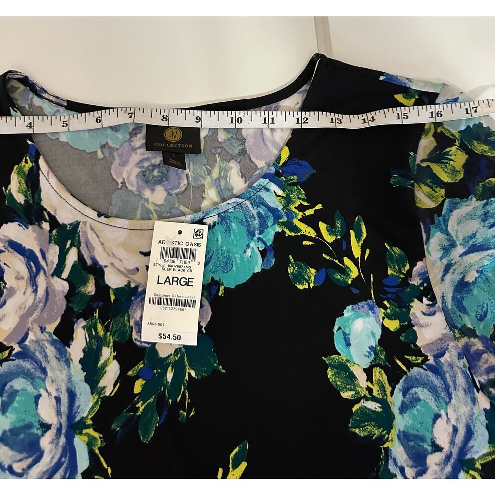 NWT New Women L JM Collection Floral Black 1/2 bell sleeve blouse tunic top - Picture 7 of 12
